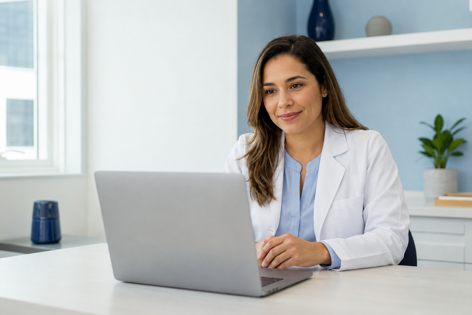 Médica realizando atendimento online